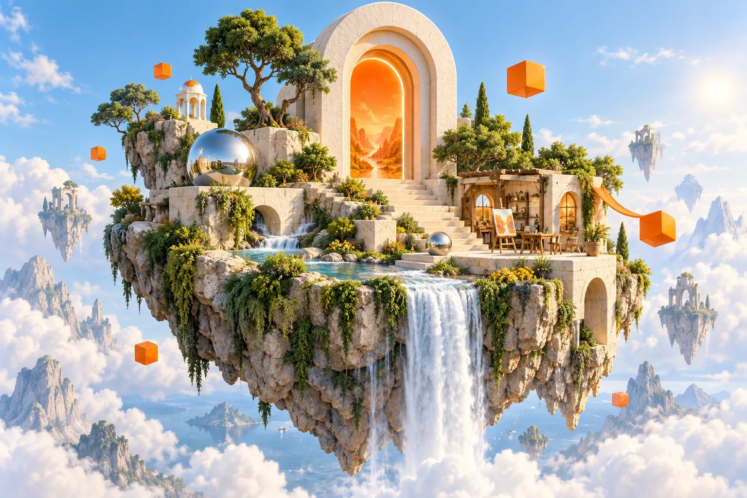 A floating island with a glowing archway, waterfalls and orange cubes