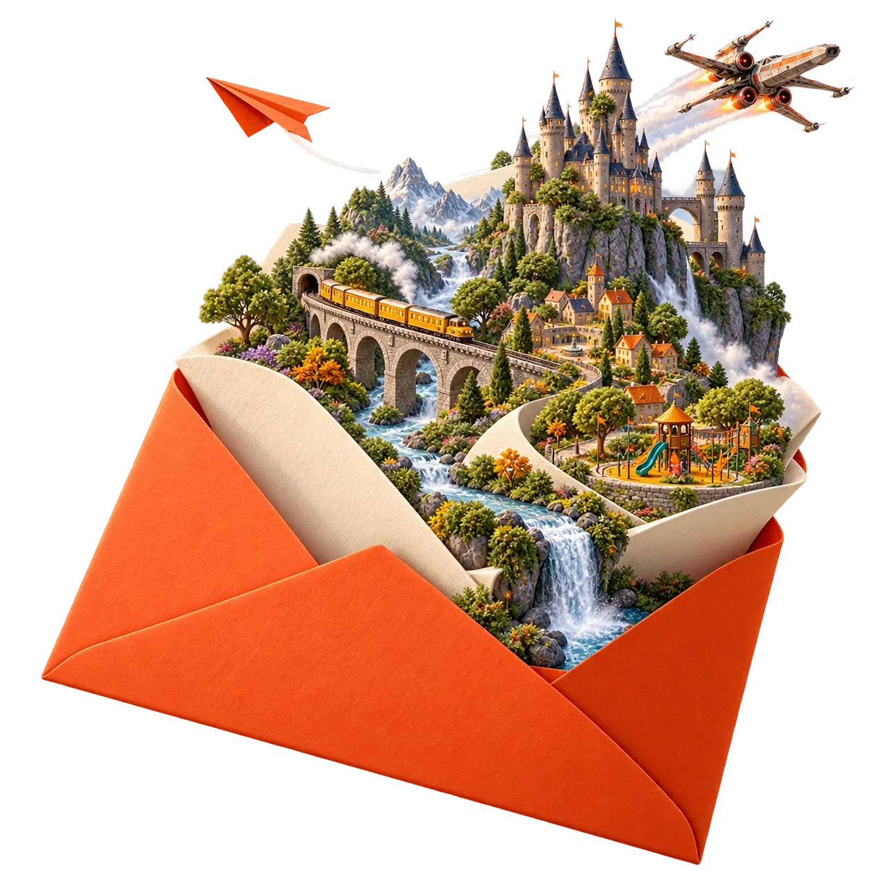 An orange envelope opens into an illustrated world of castles, a railway, a playground and a flying spacecraft.