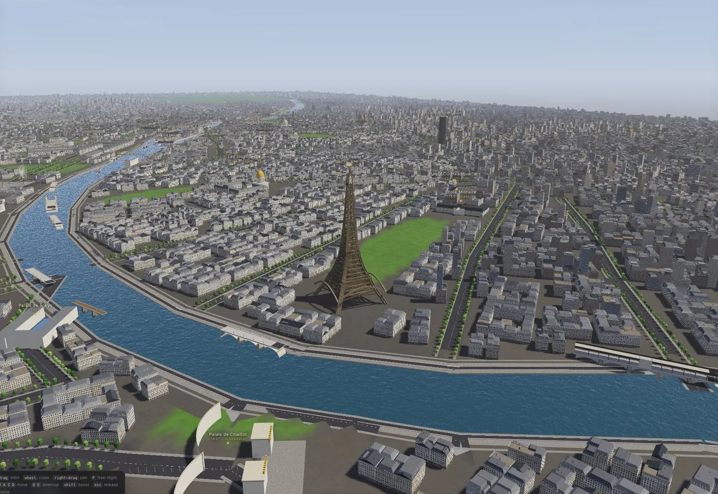A 3D model of Paris with the Eiffel Tower and the Seine