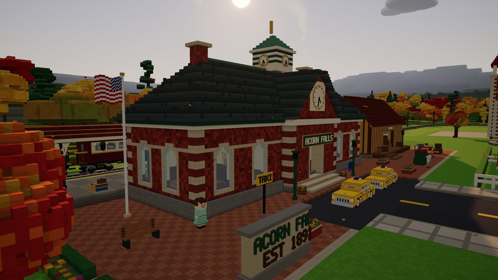 The Acorn Falls Depot, a red brick station with a clock and a flag, with taxis waiting out front
