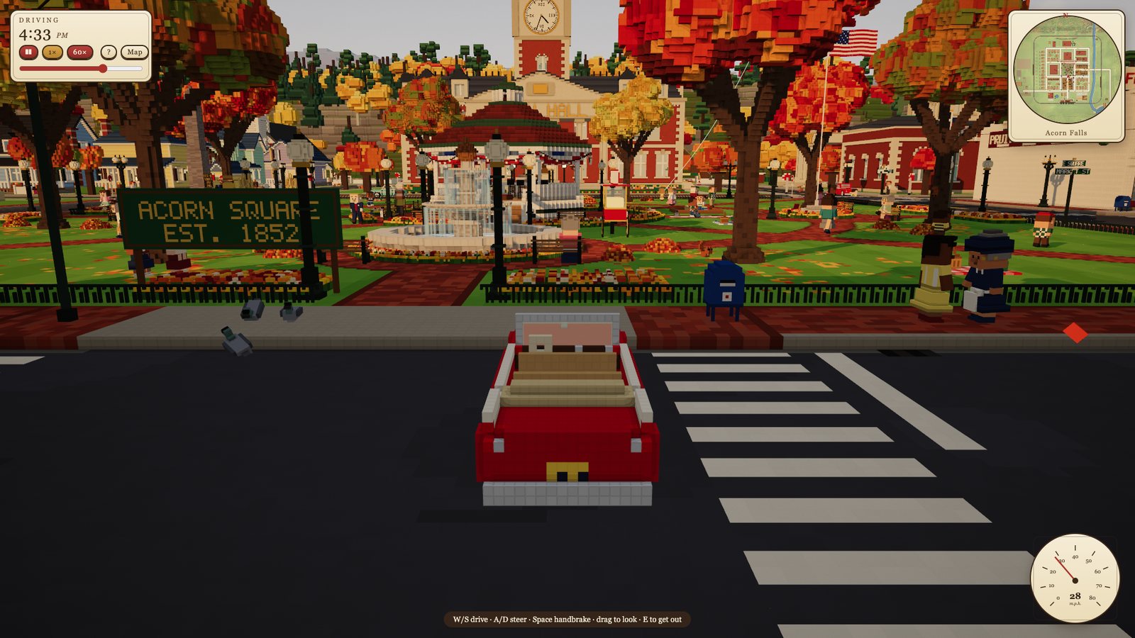 Driving a red convertible past Acorn Square, with the speedometer showing