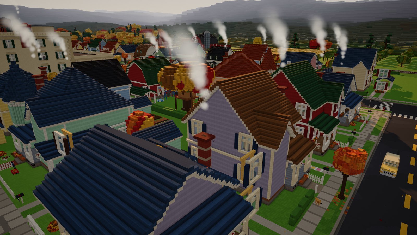 Rooftops and chimneys on a street of family homes, with smoke curling up