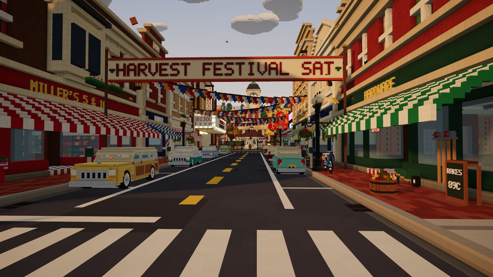 Main Street on a golden afternoon, with the Harvest Festival banner and parked cars