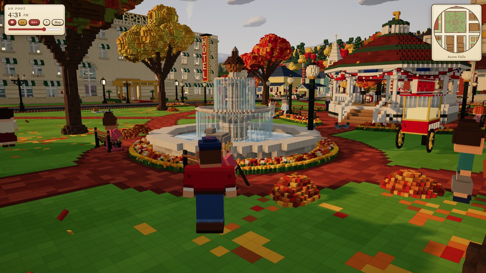 The player walking past the fountain and bandstand in Acorn Square, with townsfolk nearby