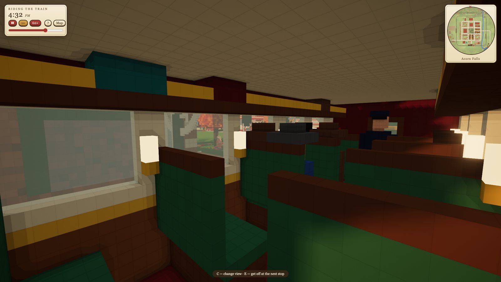 Riding in a passenger coach, with the conductor walking the aisle and the town passing the windows