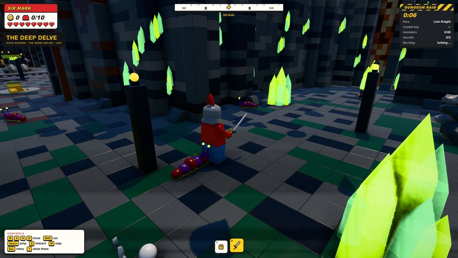 A knight minifig in the Deep Delve crystal caverns, with glowing green crystals and giant spiders