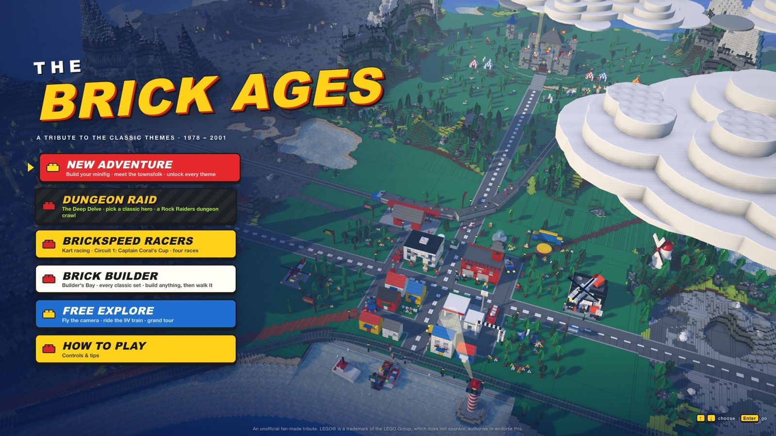 The Brick Ages title screen with New Adventure, Dungeon Raid, Brickspeed Racers, Brick Builder and Free Explore