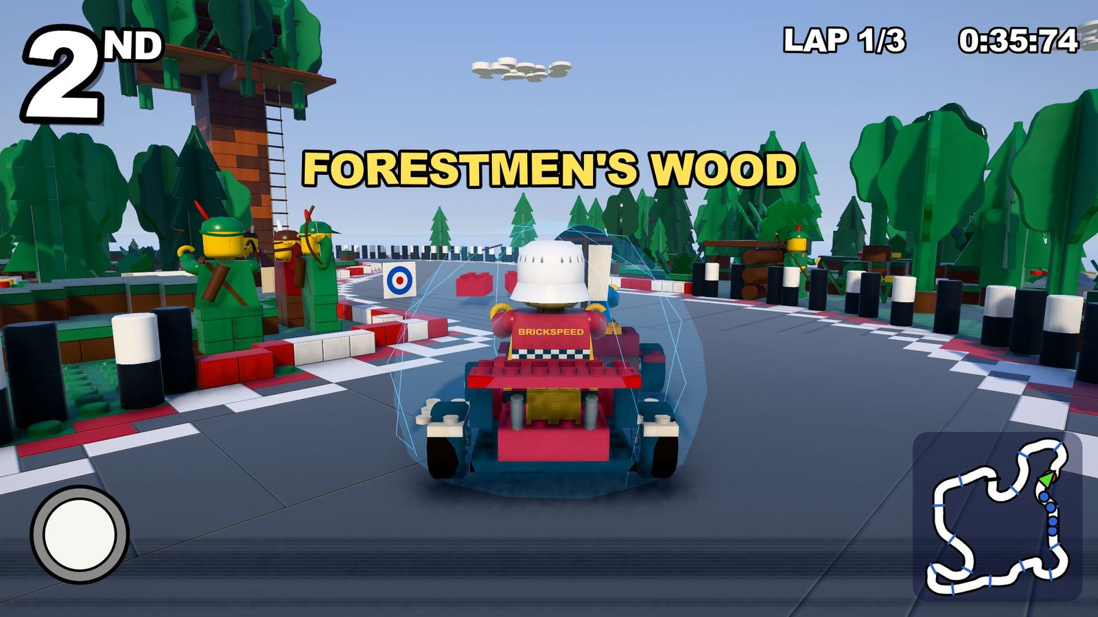 Racing through the forest with a shield power-up