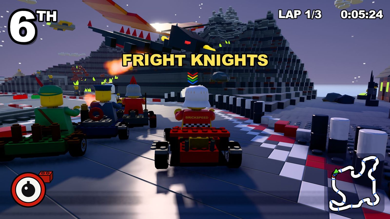 Kart racing past the haunted fortress, with a dragon swooping over the track and the race position on screen