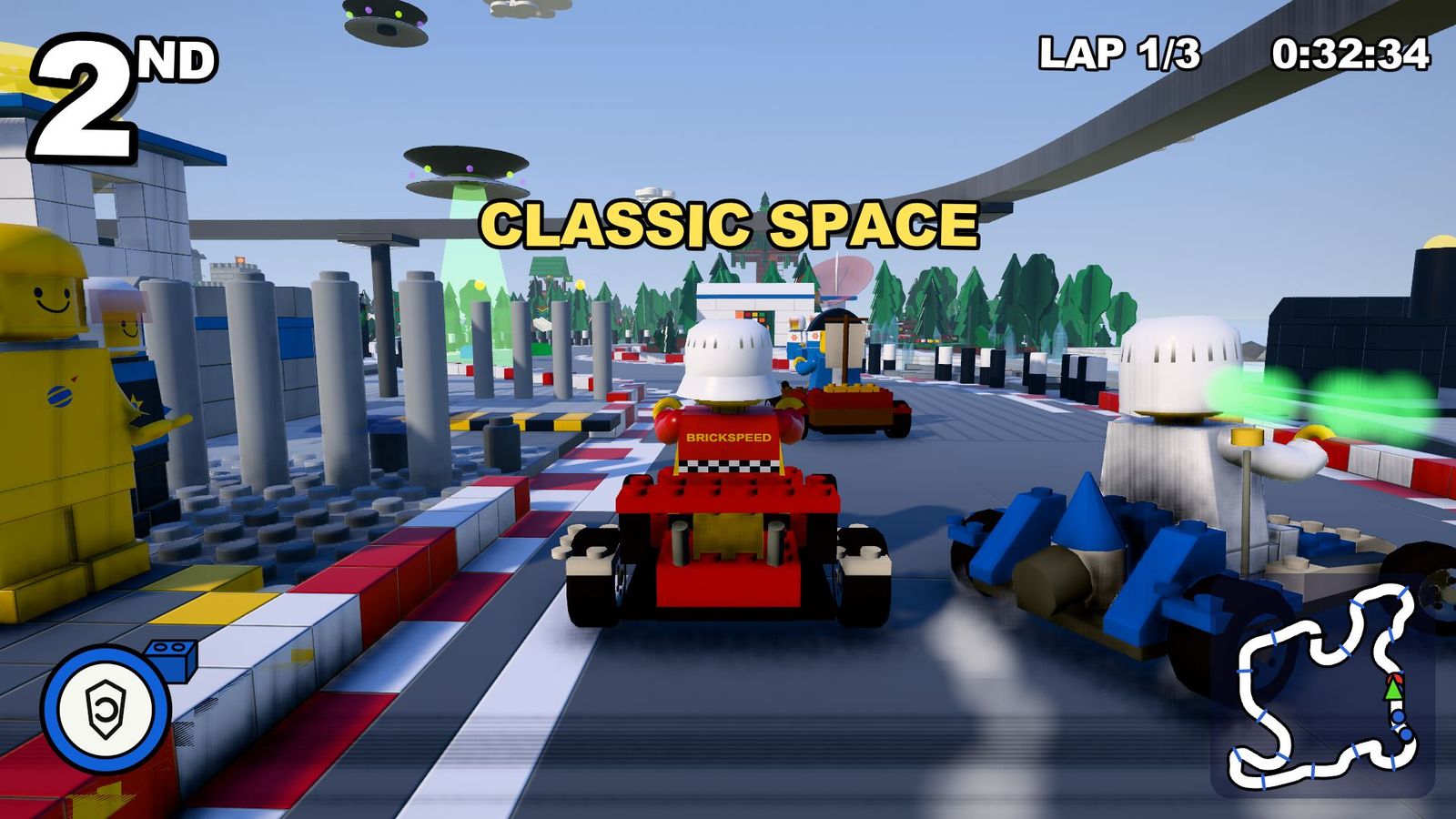 Racing through the space base in second place