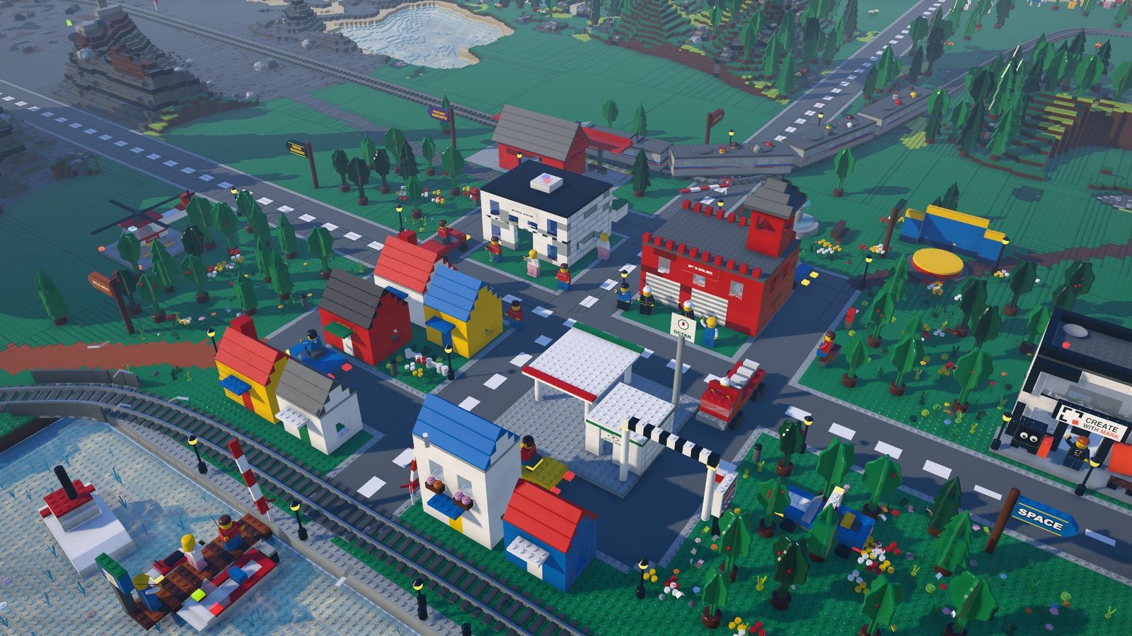 Actual gameplay: the classic brick town with its red fire station, houses and railway