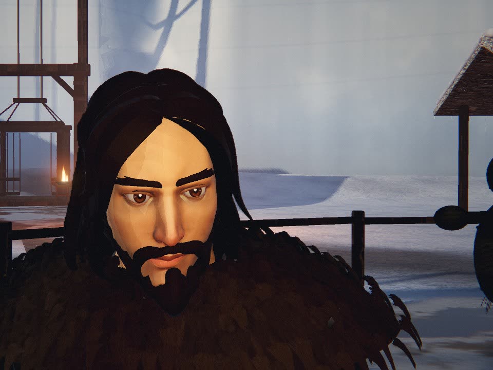 A close-up of a Night’s Watch ranger: modelled face, long dark hair, beard and a fur collar