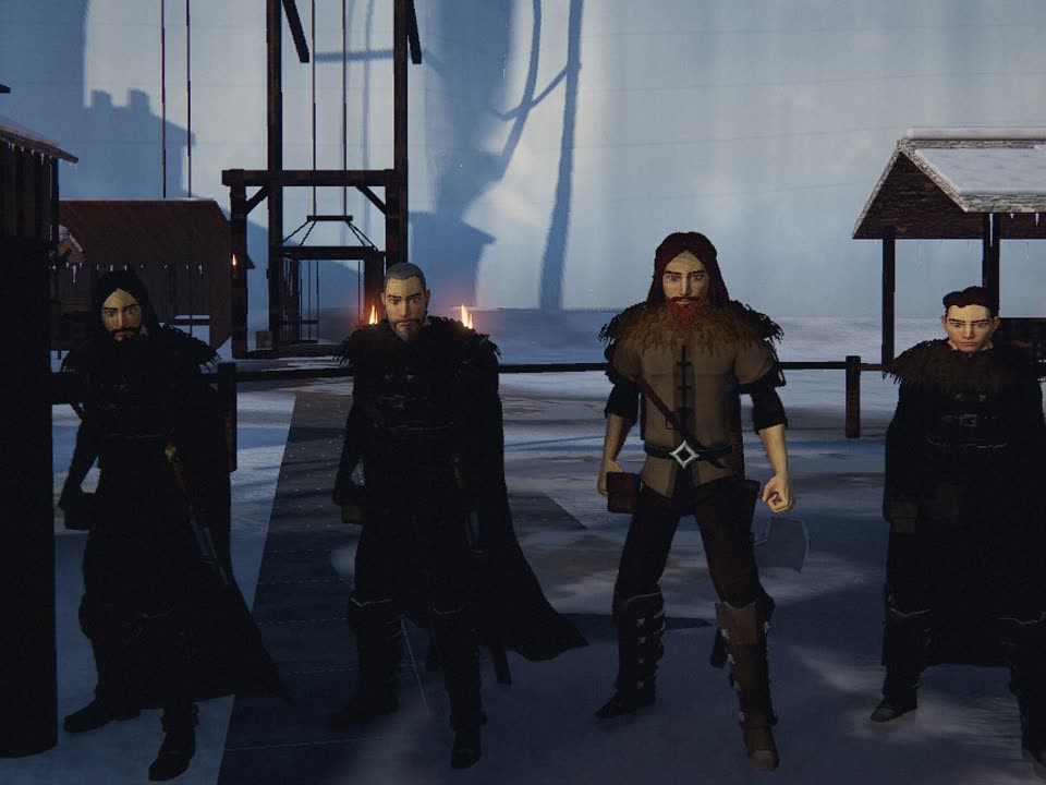 Four Night’s Watch characters standing in the yard at Castle Black, in cloaks, furs and leather