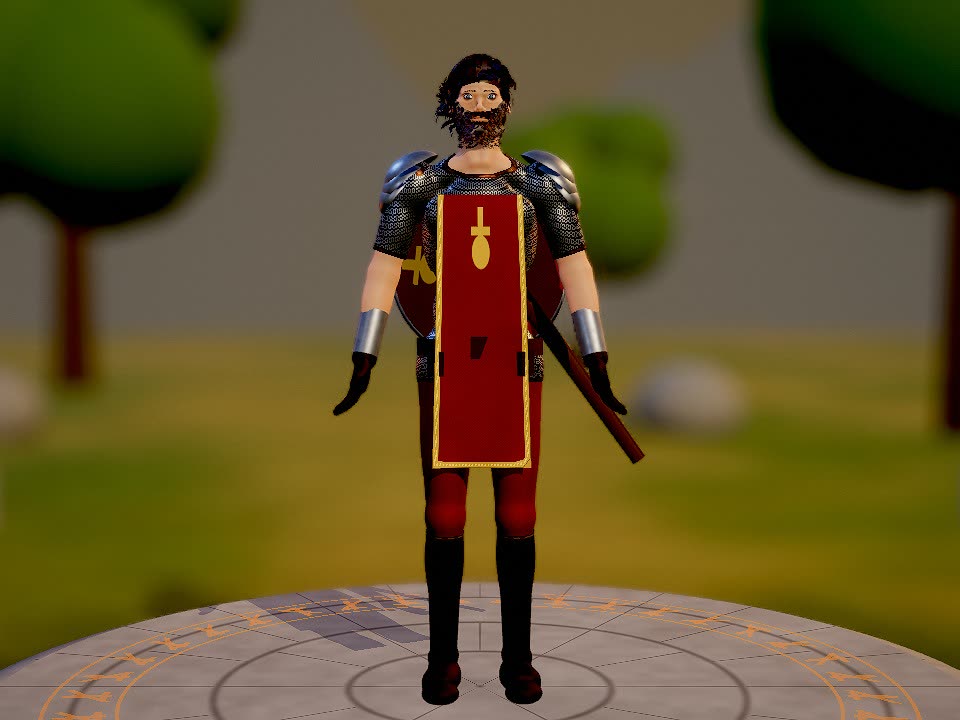 A stiff, mannequin-like knight standing on a plinth, arms held out from the body