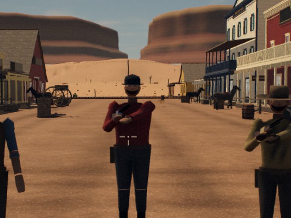 Blocky outlaws in a dusty street, with tube arms and square shoulders