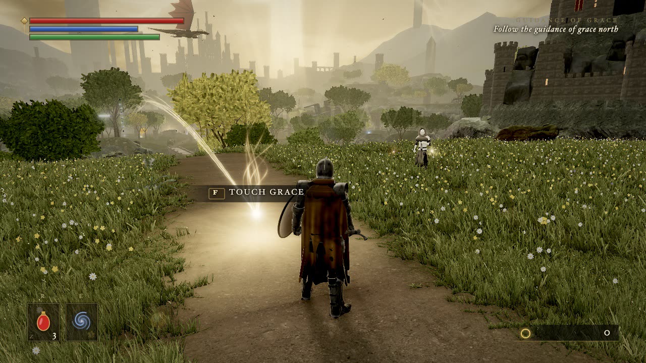Opus Ring as shipped: a knight on a path through a flowering meadow, a castle and a dragon in golden haze