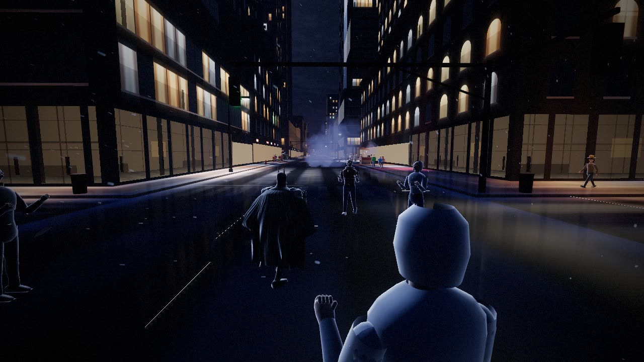 The same street fight in the original build: the characters are near-black silhouettes