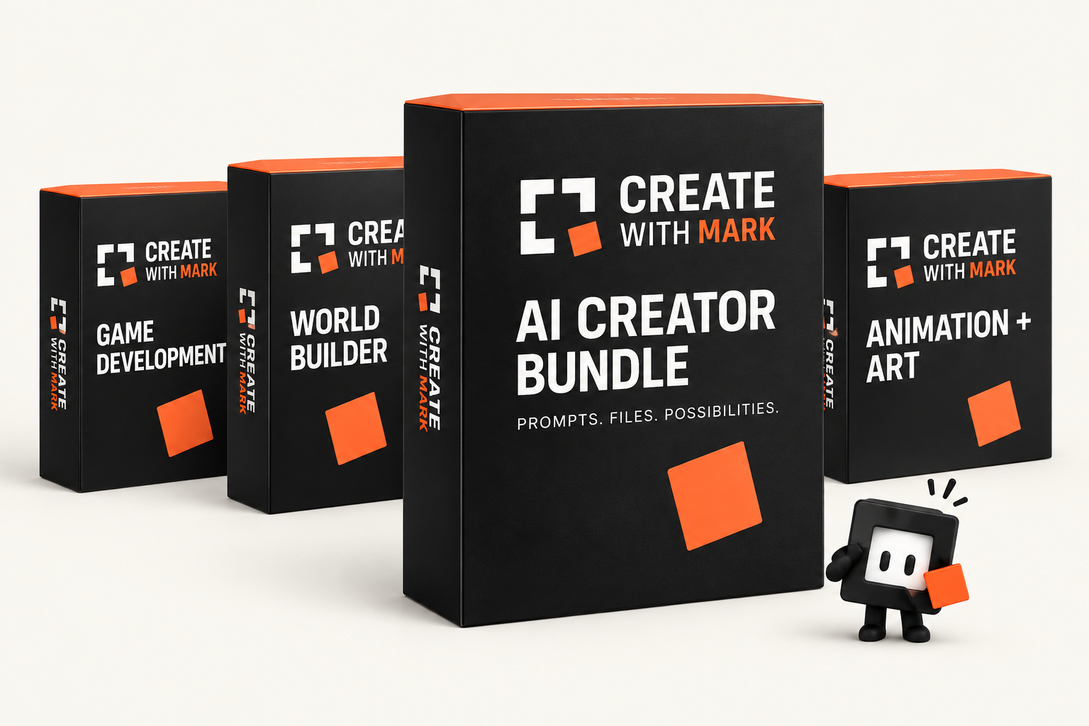 Create With Mark AI Creator Bundle packaging in black and orange, with Pip, the curious square mascot