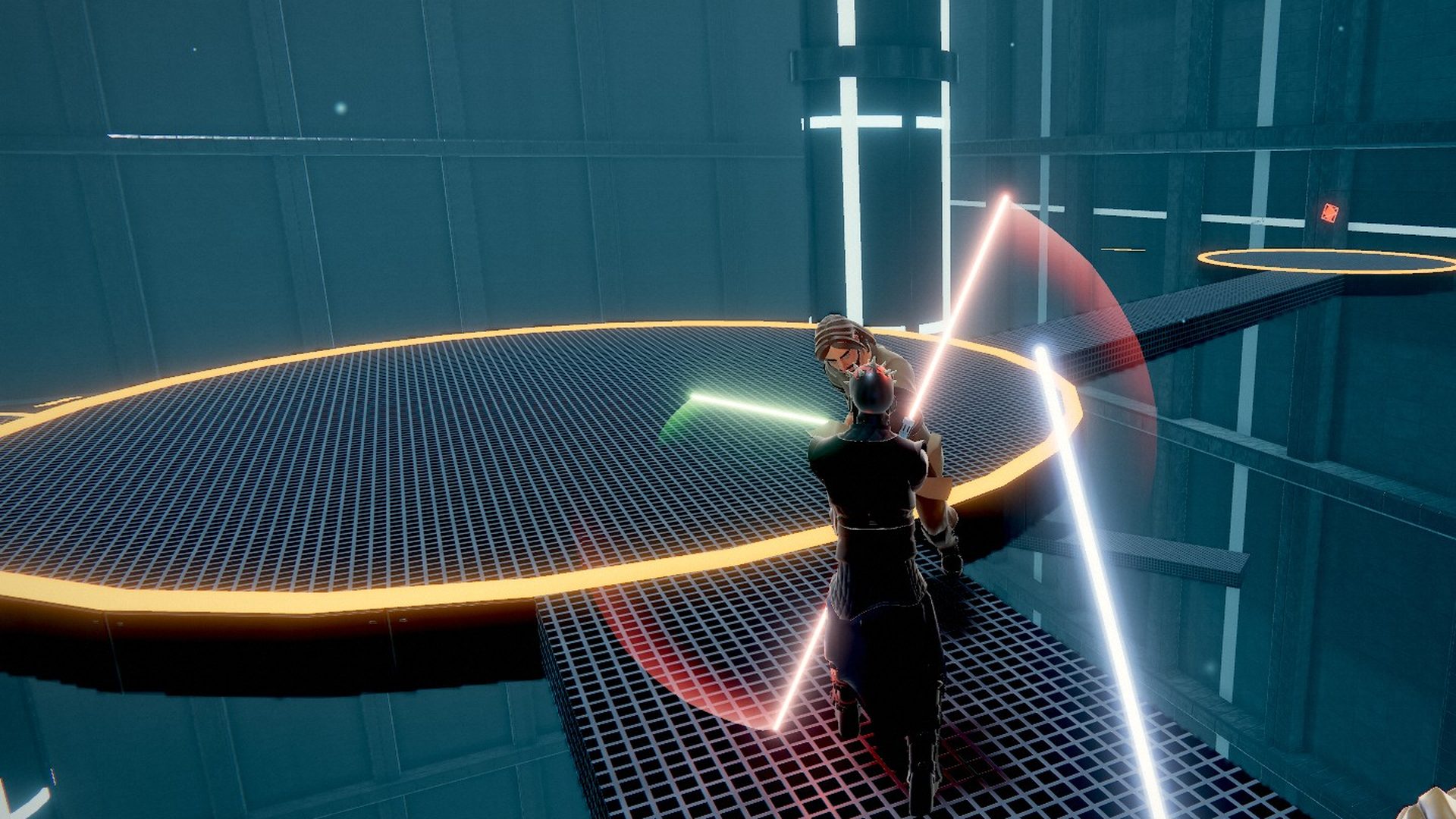 Darth Maul duelling a Jedi on a catwalk in the Theed generator complex, red and green blades crossing