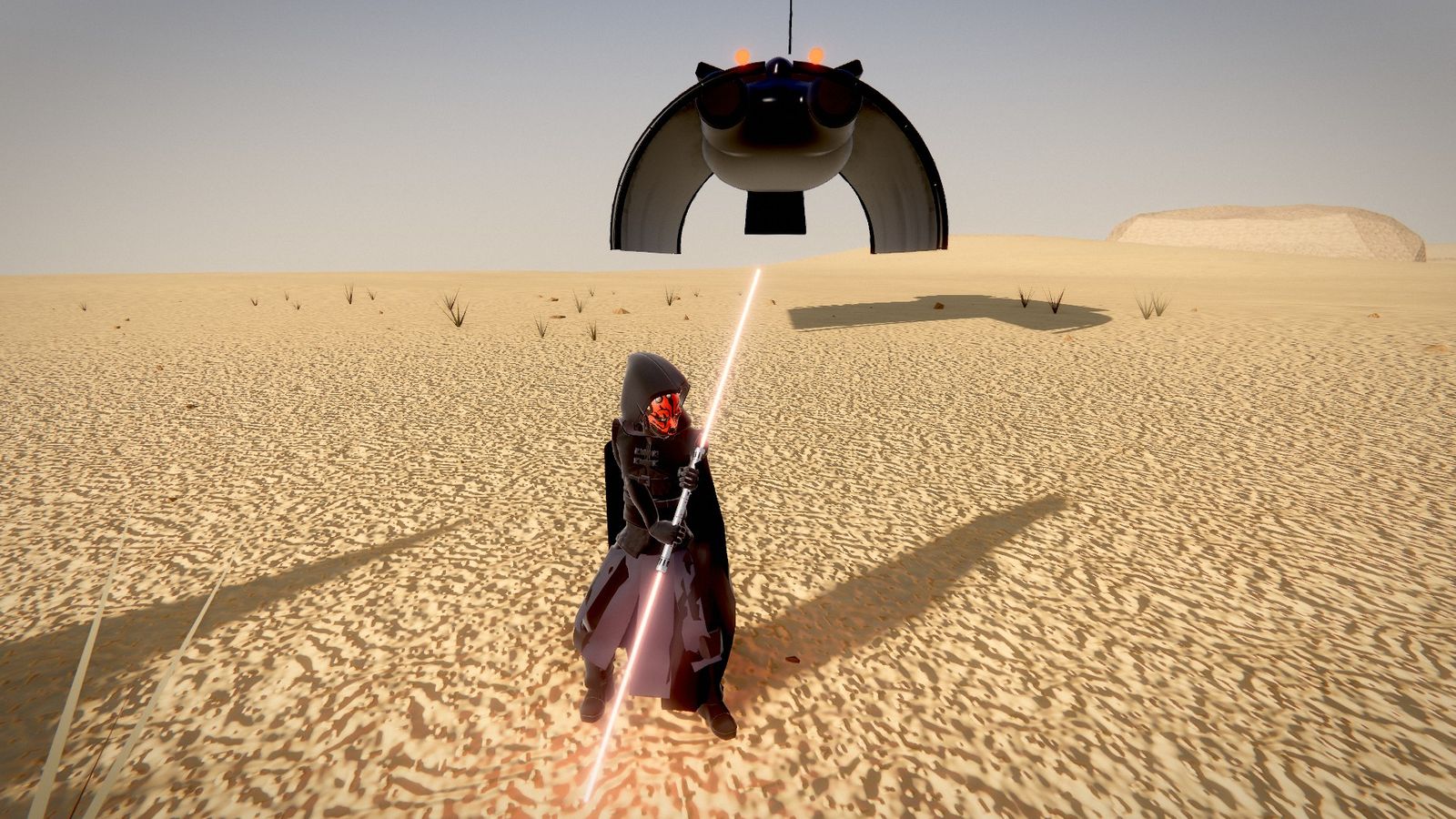 Maul on the Tatooine dunes with his ship behind him