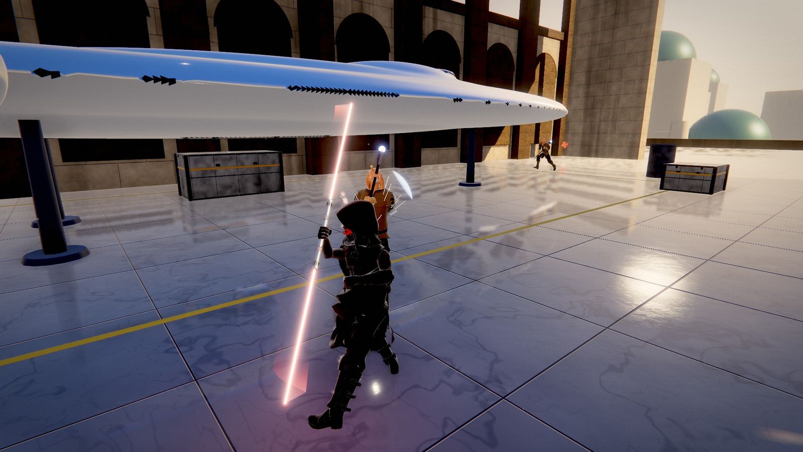 Maul fighting palace guards in the Naboo hangar beside the Royal Starship