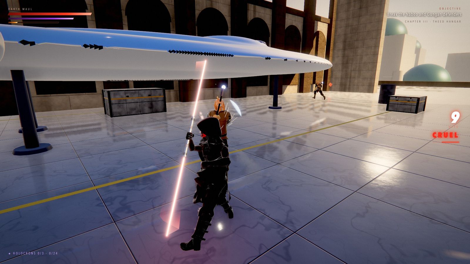 Fighting guards in the hangar with a combo on screen