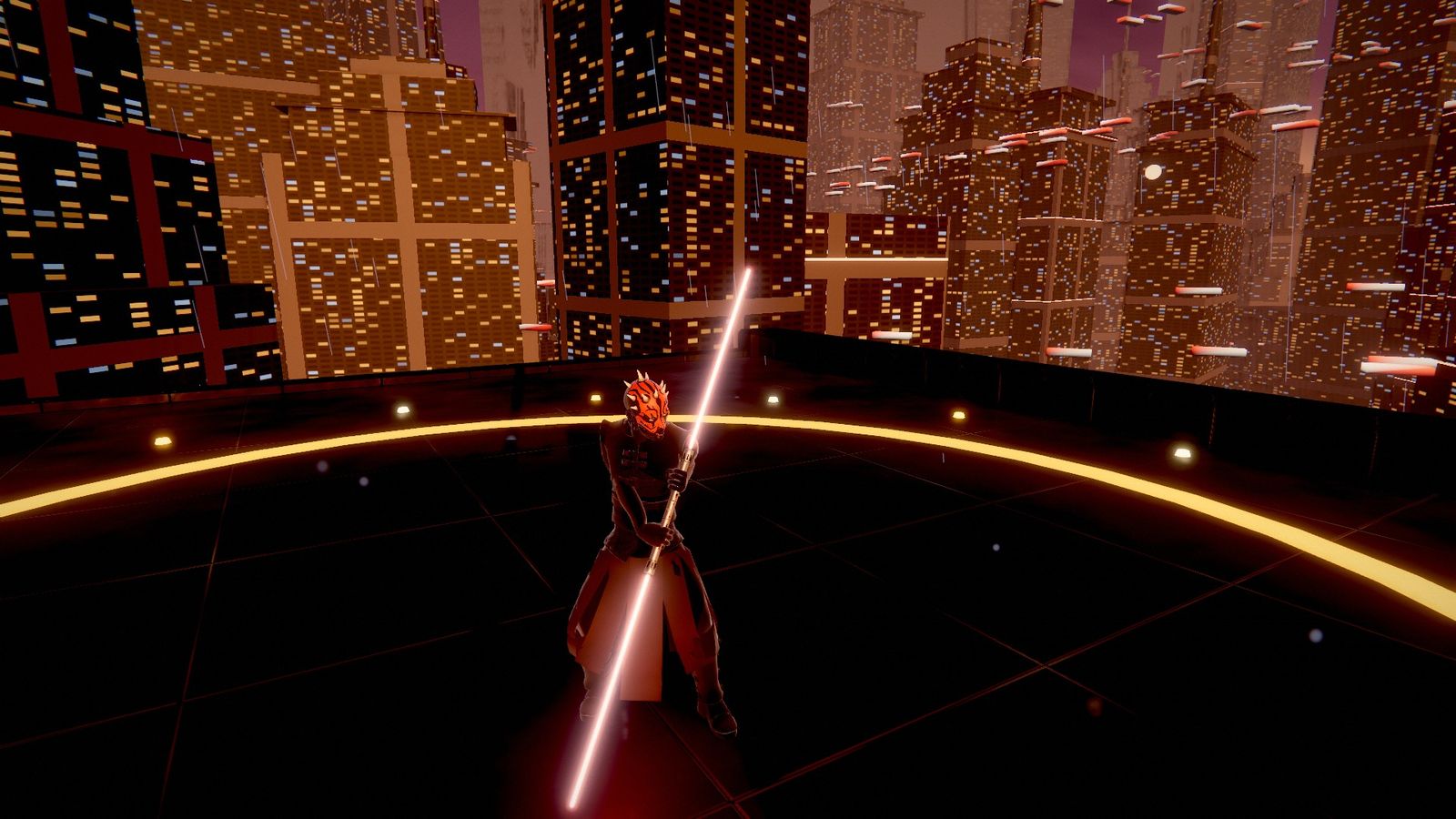 Actual gameplay: Darth Maul on a Coruscant rooftop at dusk above the city