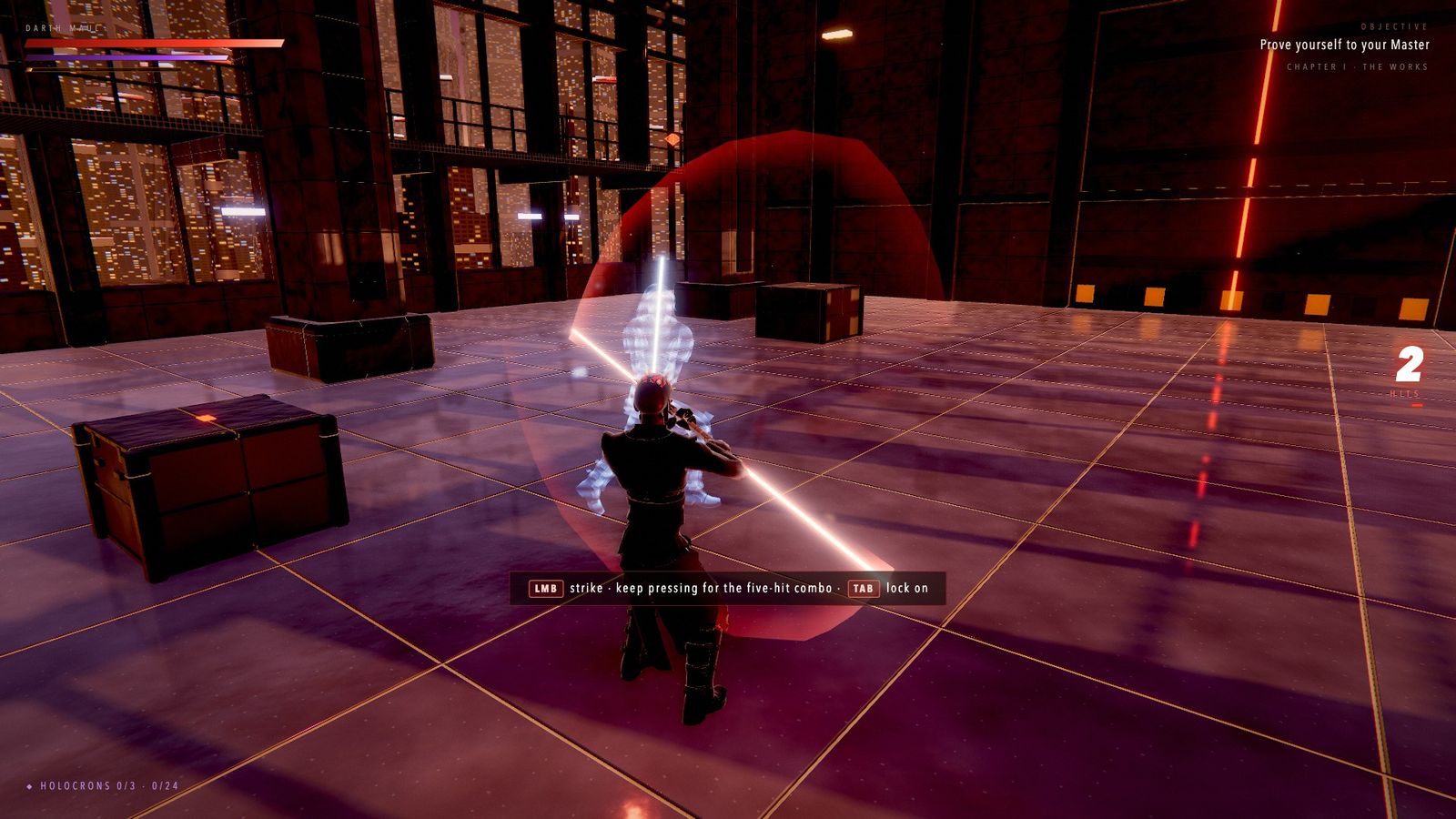 Training against a holographic Jedi with the combat HUD on screen