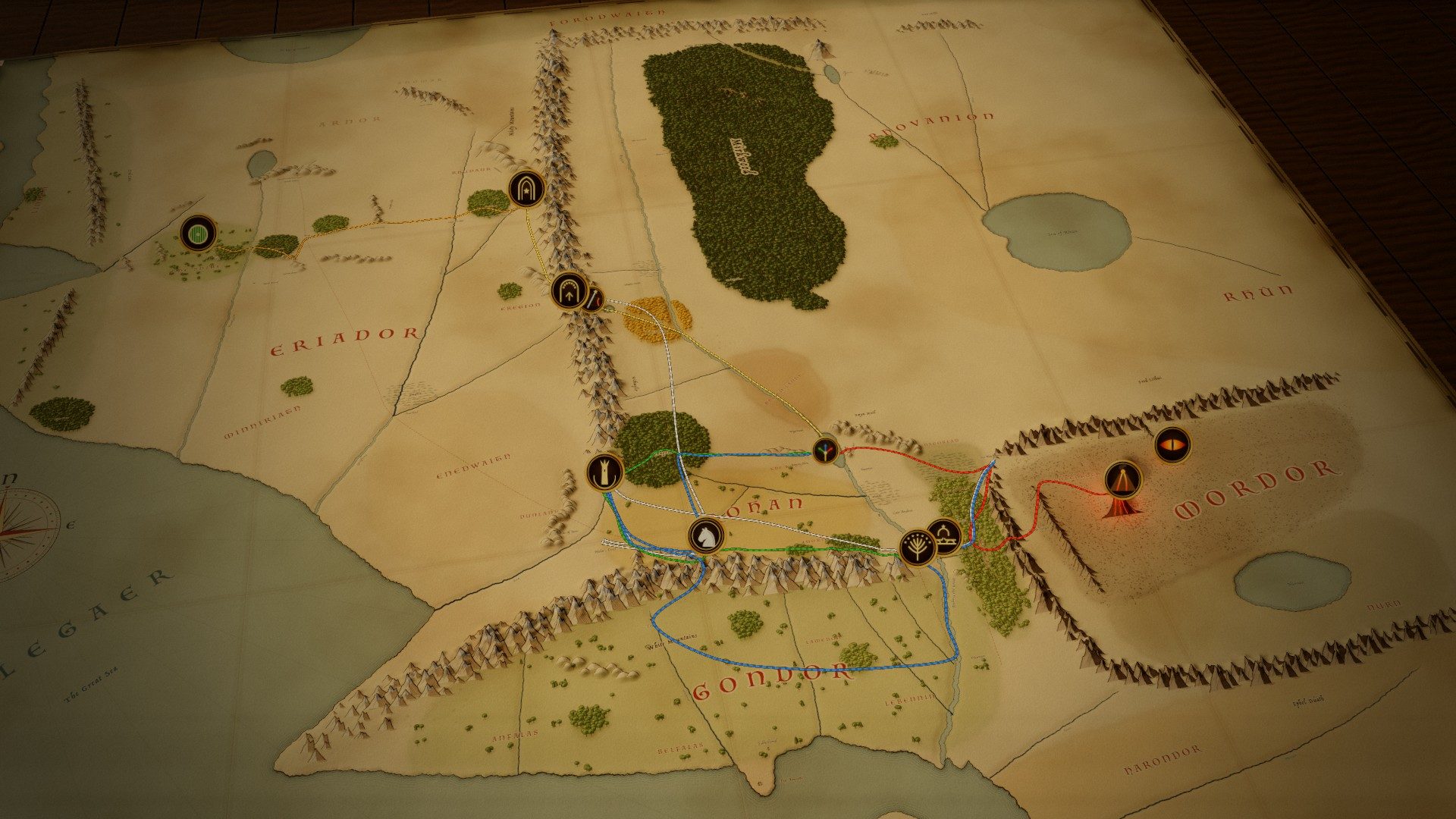 A hand-painted 3D map of Middle-earth with every road of the quest drawn from the Shire to Mordor, and golden markers on each place