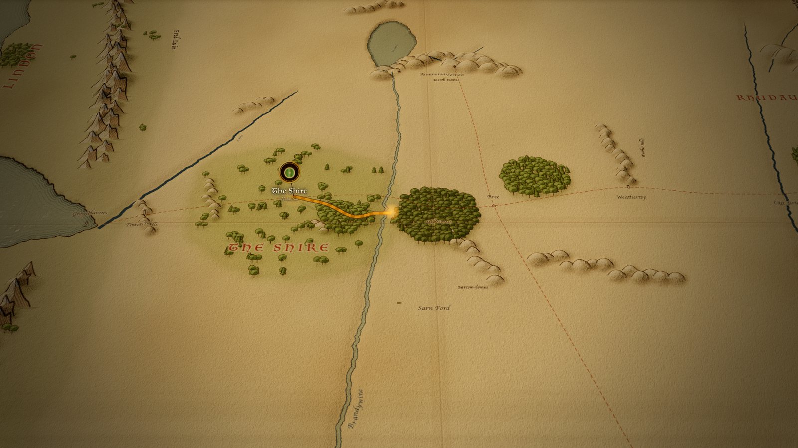 The map near the start of the journey: the hobbits’ road leaving the Shire, heading east
