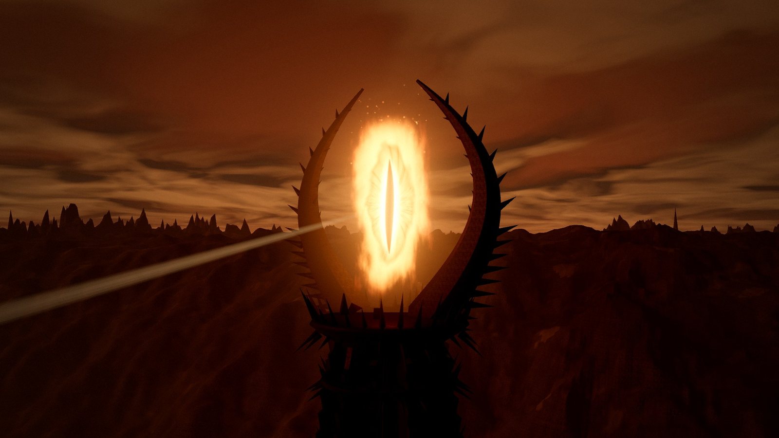 The Eye of Sauron, wreathed in flame between the horns of Barad-dûr, its beam sweeping across Mordor
