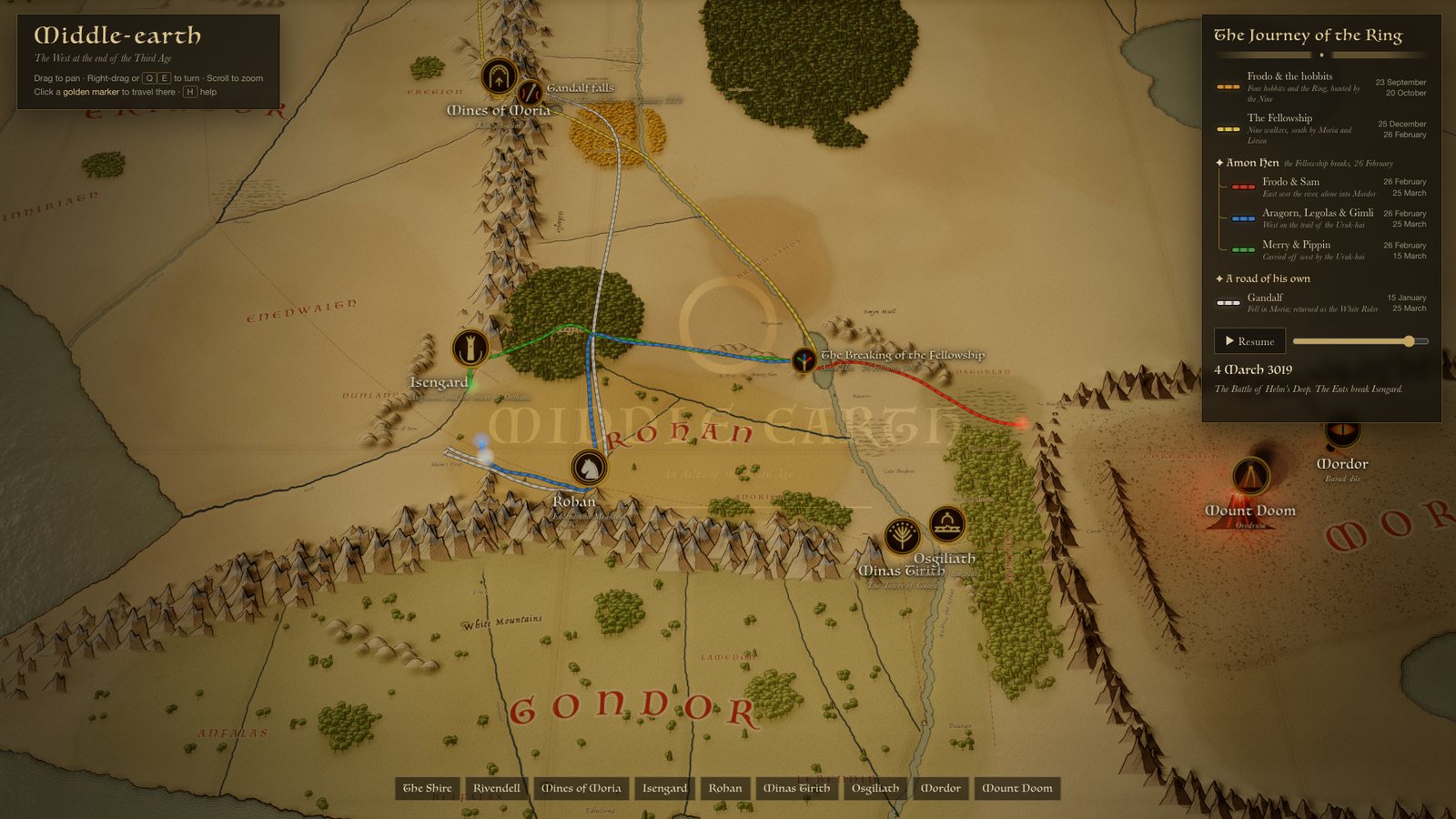 Actual gameplay: the map on 4 March 3019, with the roads splitting after Amon Hen and the Journey of the Ring panel listing every company