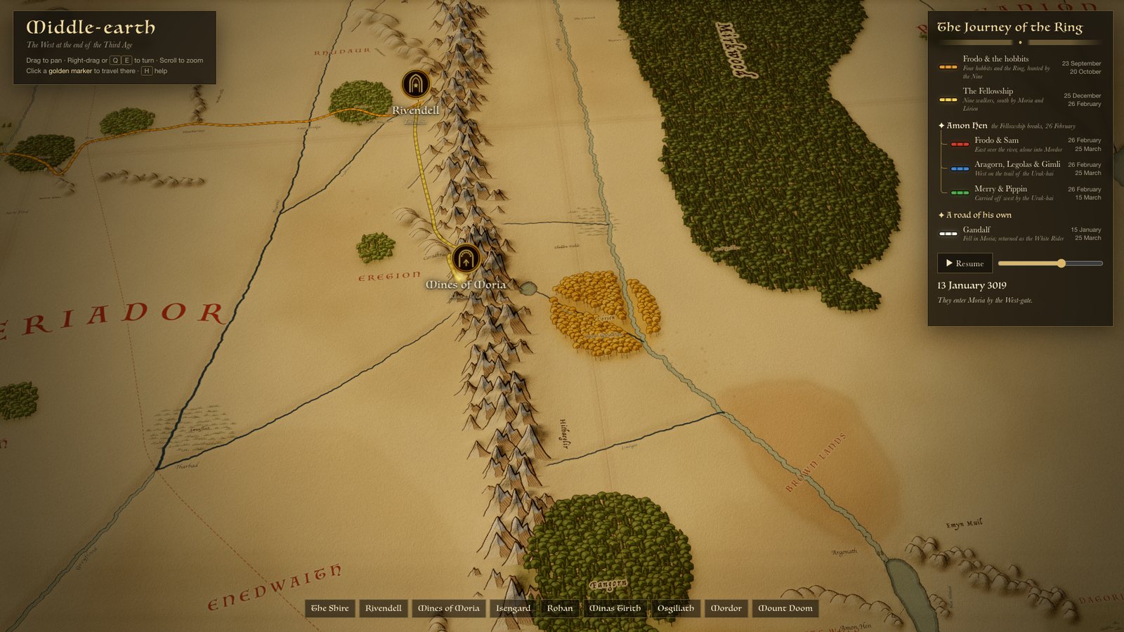 The Journey of the Ring mid-replay: the Fellowship’s road crossing the Misty Mountains toward Moria, with the companies listed in the panel