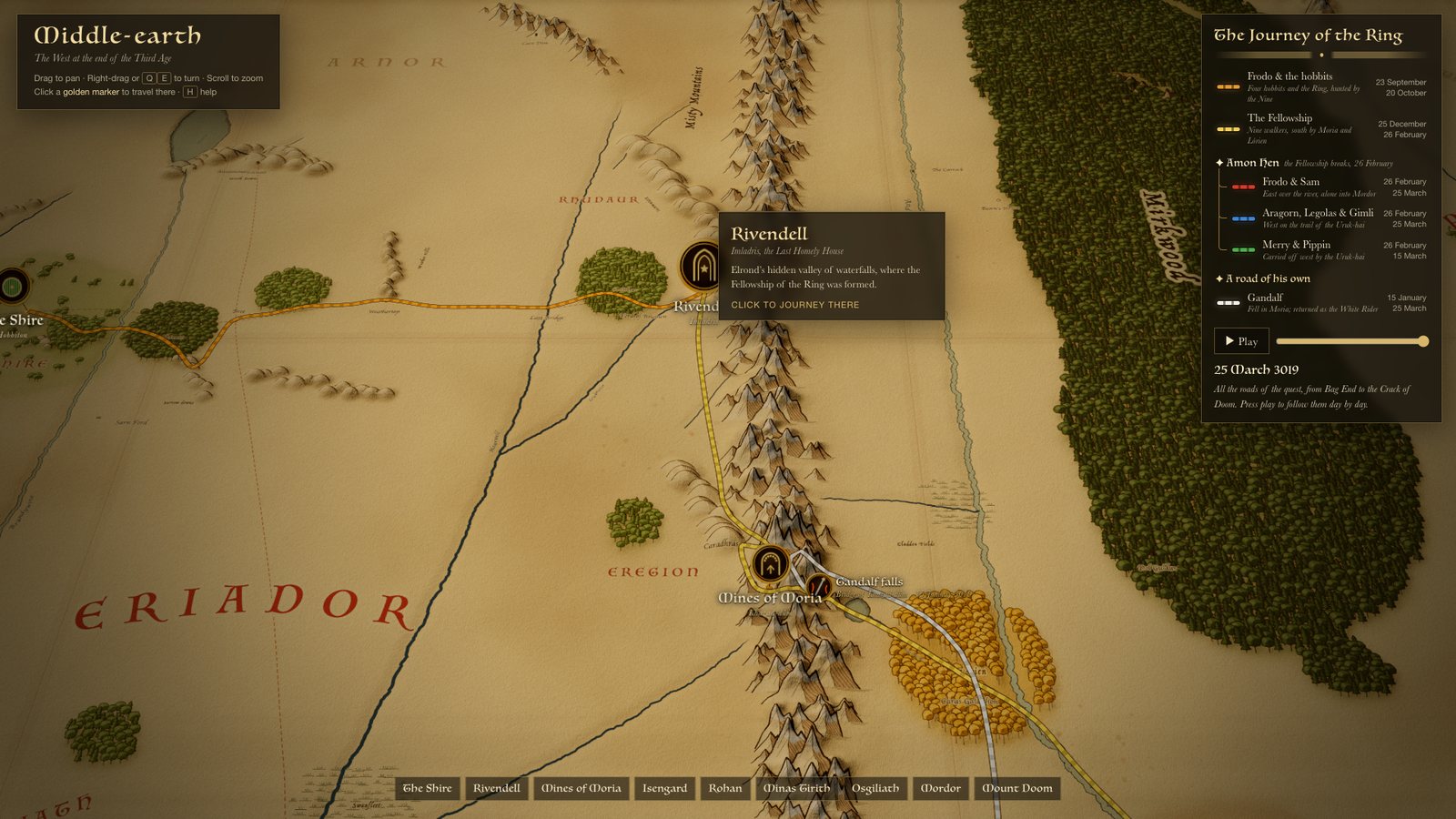 Hovering the golden Rivendell marker on the 3D map, with its card open: the Last Homely House, where the Fellowship was formed