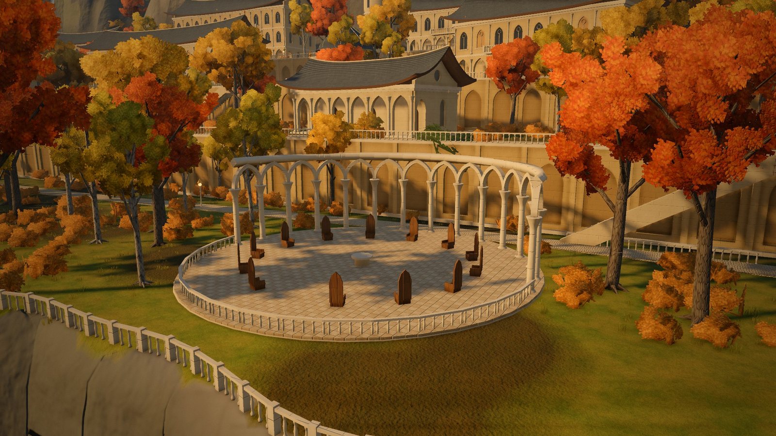 The Council Ring at Rivendell, a circle of seats inside a white colonnade among orange autumn trees