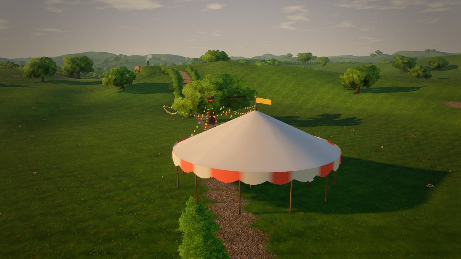 The Party Field in the Shire: Bilbo’s striped pavilion and the Party Tree strung with lights