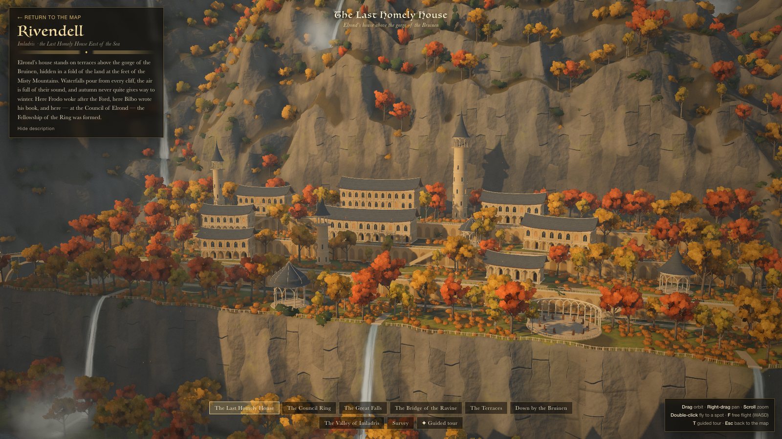 Inside Rivendell: the Last Homely House on its terraces with waterfalls, the place’s story card at top left and its views listed along the bottom
