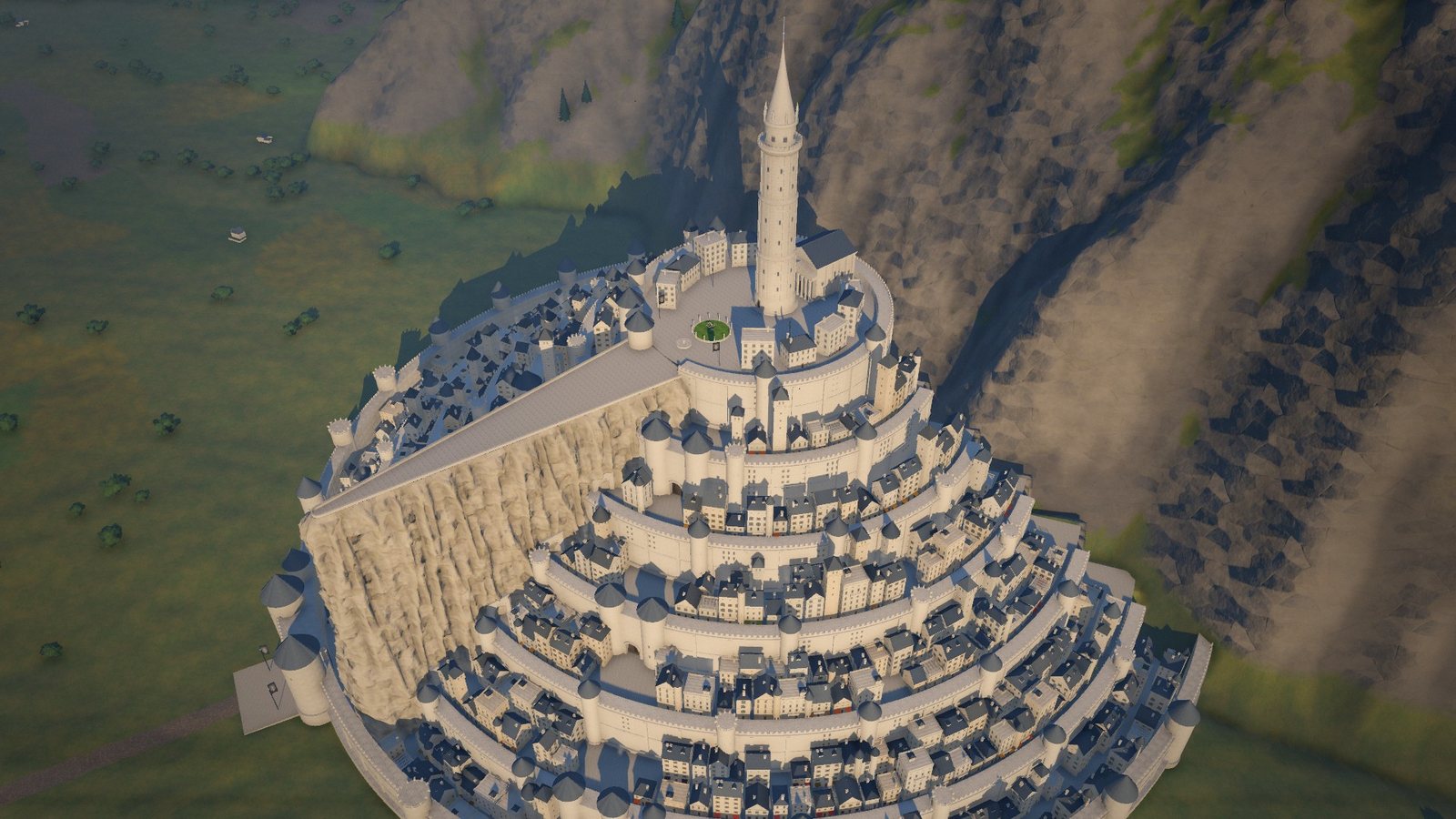 Minas Tirith from above, its seven white circles spiralling up to the Tower of Ecthelion