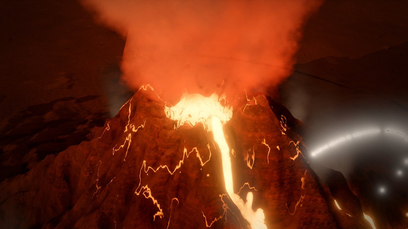 The summit of Mount Doom, with lava pouring from the crater and smoke rising into a red sky