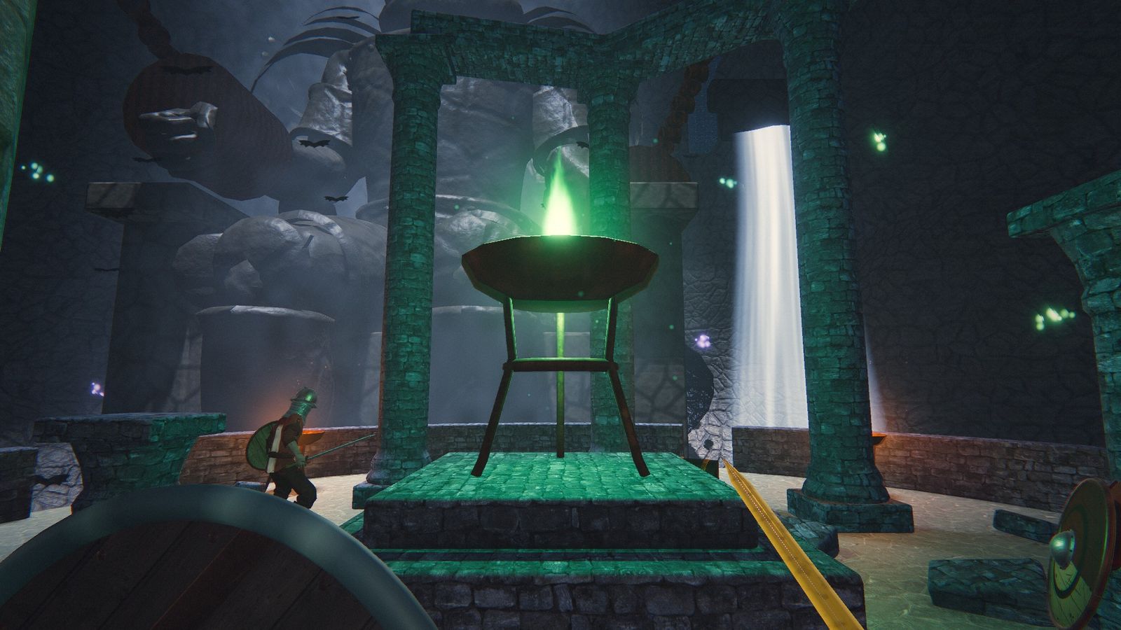 The ruined shrine on the spire in the abyss, with its green witch-fire