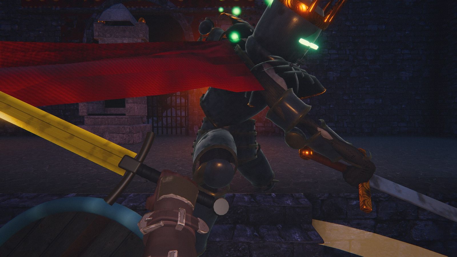 Facing Castellan Voss, the Hollow Lord, in plate armour and a red cape