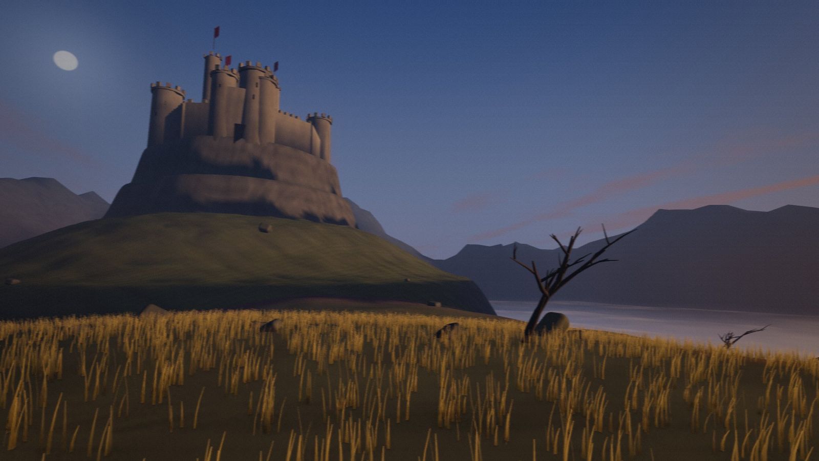 The dawn finale: a golden moor with Grimhold on the hill behind