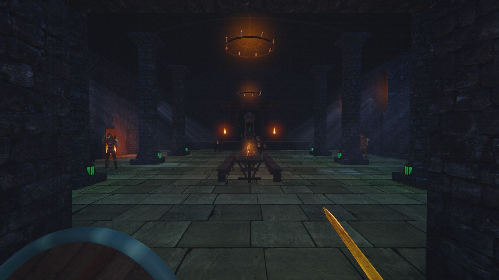The great hall of the keep, lit by a chandelier