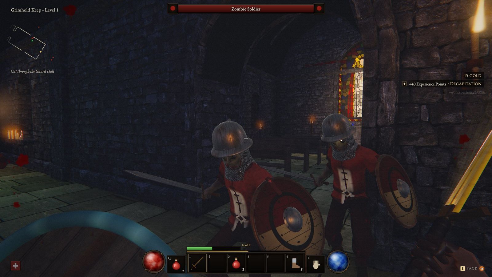 A fight in the guard hall with the HUD on screen