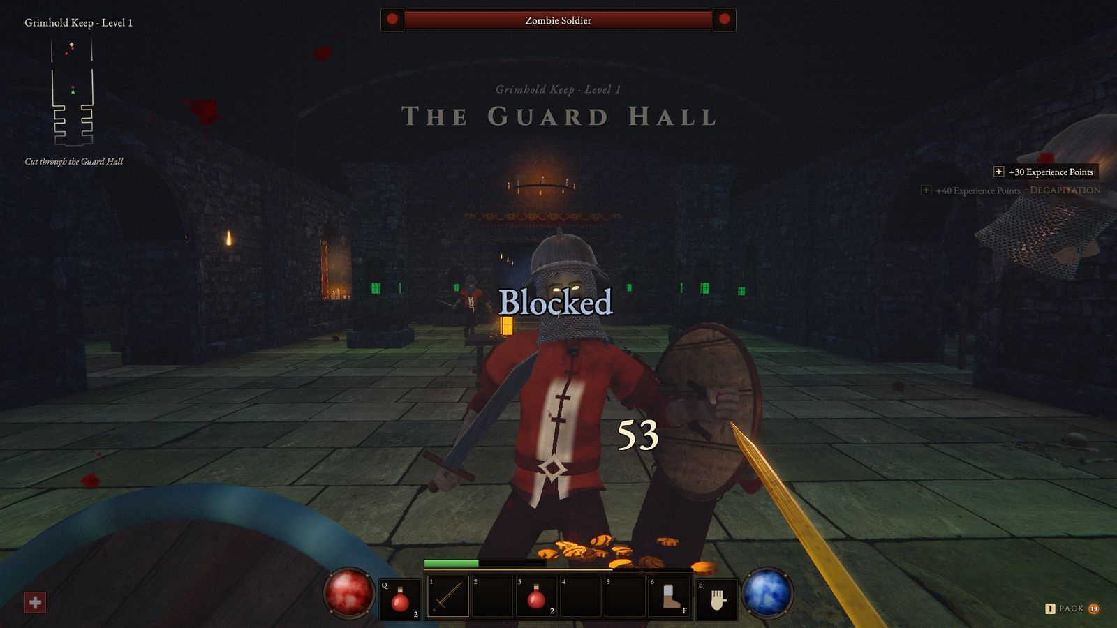 Actual gameplay in the guard hall, with the health and mana orbs, hotbar and damage numbers on screen