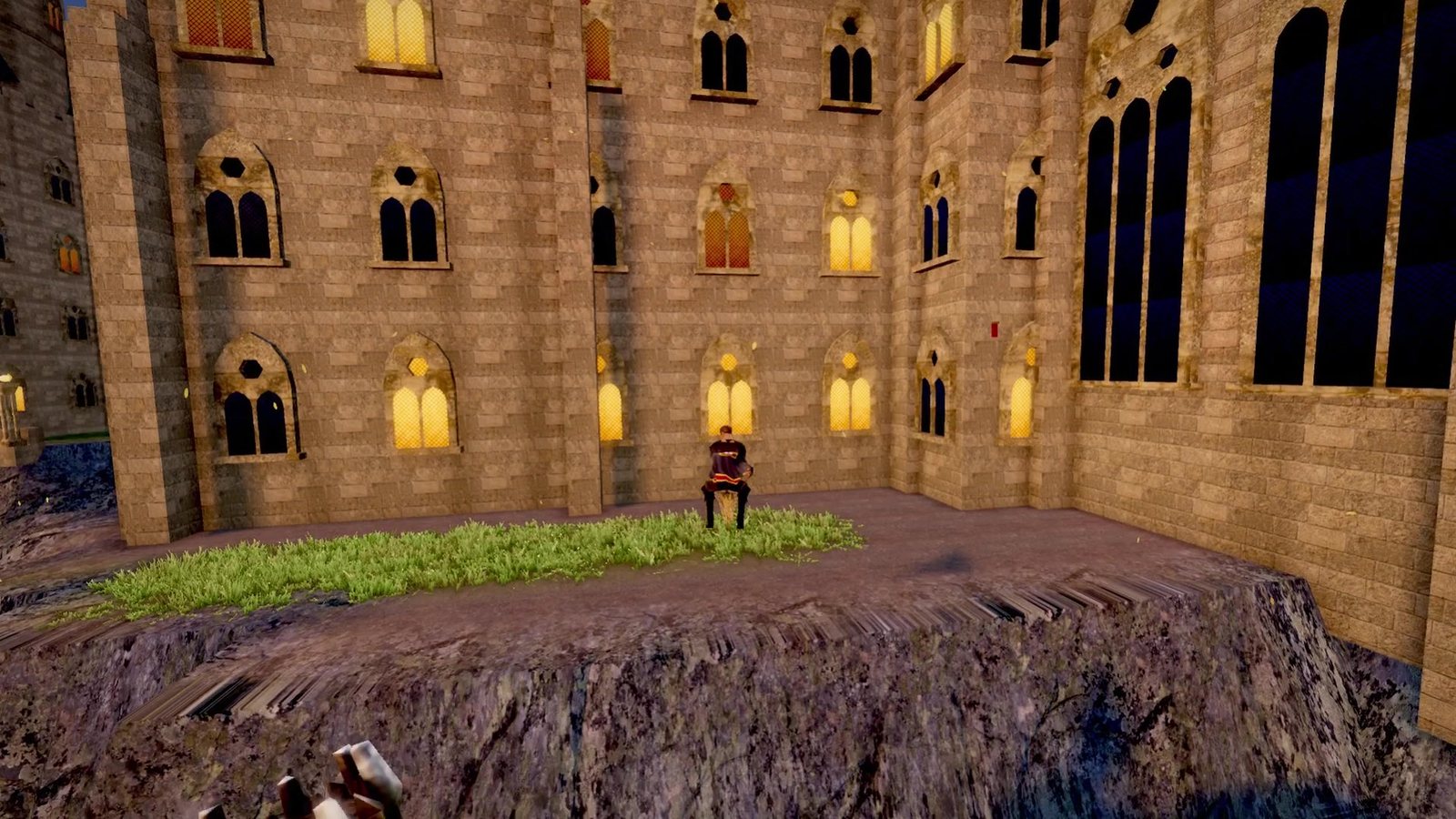 Flying past the castle walls and lit windows