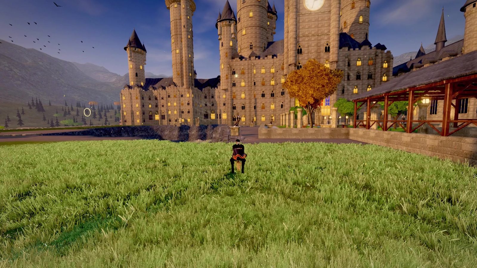 Flying a broom across the castle lawn toward the towers