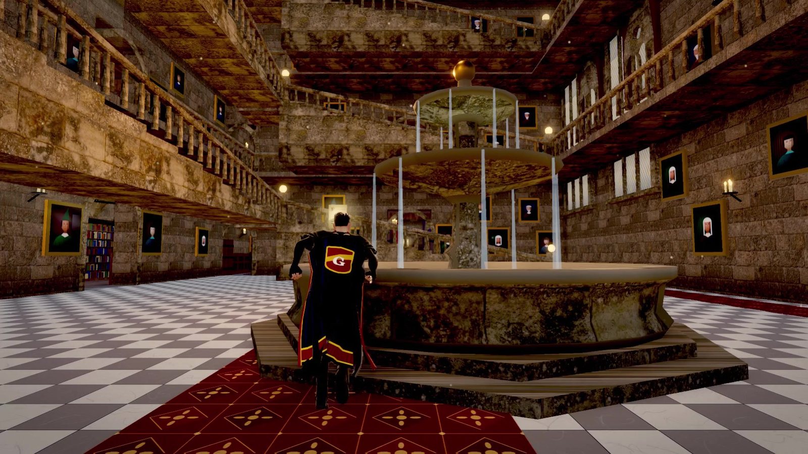 The Central Hall with its fountain and checkered floor