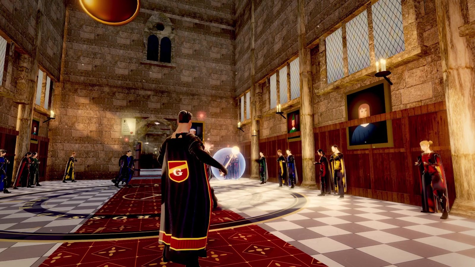 A wizard duel in the hall, with a shield charm glowing between two students