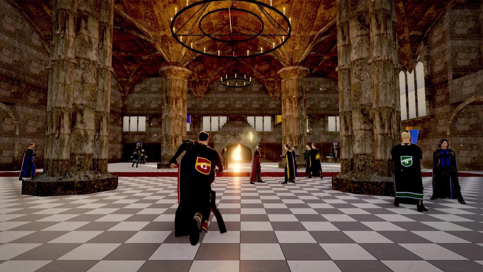 Walking into the Entrance Hall among students in house robes